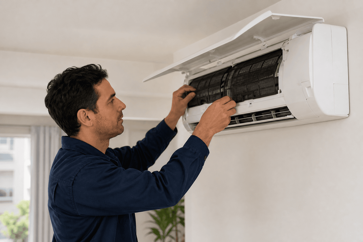Técnico realizando mantenimiento de un equipo split